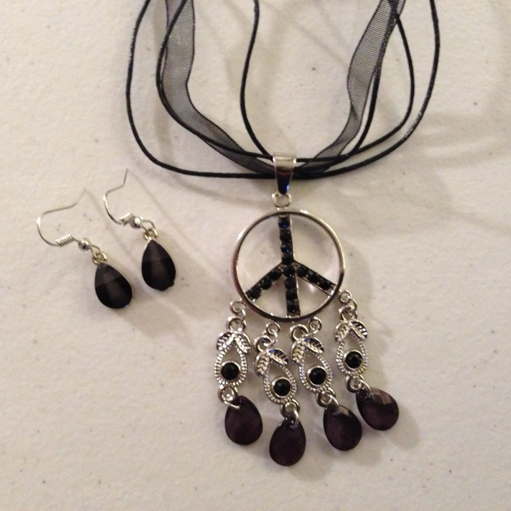 New 3 Piece Black Dangle Peace Sign Cord and Chiffon Necklace With Earrings